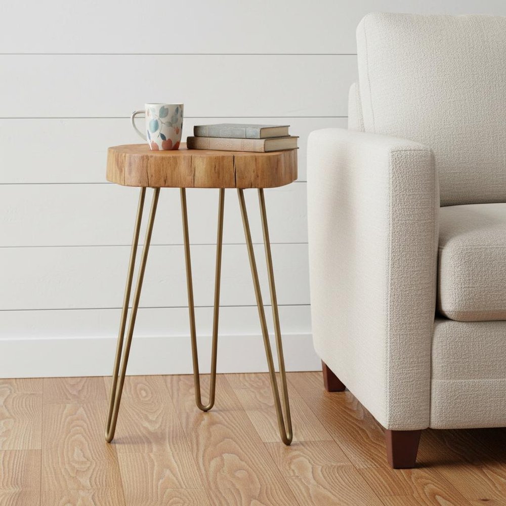 26" Gold And Natural Solid Wood Round End Table