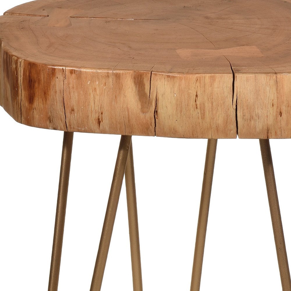 26" Natural And Gold Solid Wood And Iron Round End Table