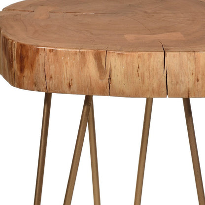 26" Natural And Gold Solid Wood And Iron Round End Table