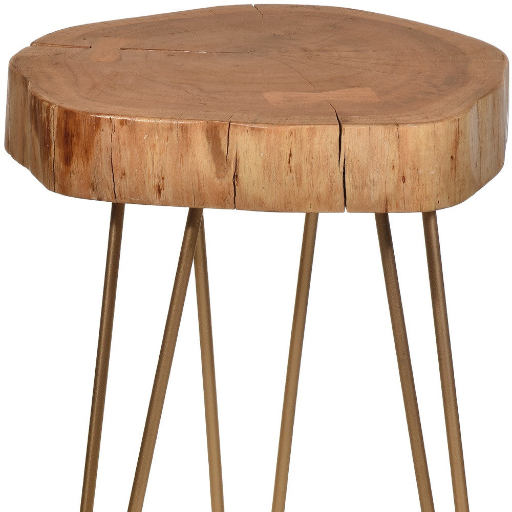 26" Gold And Natural Solid Wood Round End Table