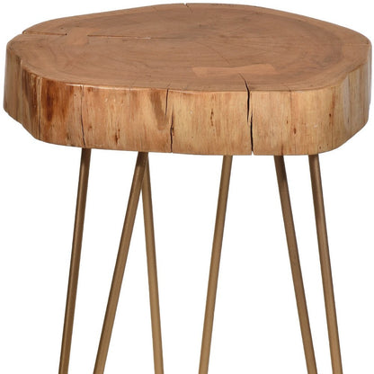 26" Natural And Gold Solid Wood And Iron Round End Table