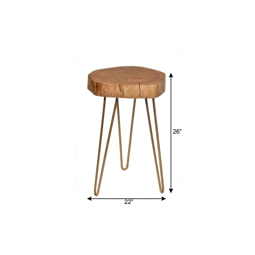 26" Gold And Natural Solid Wood Round End Table