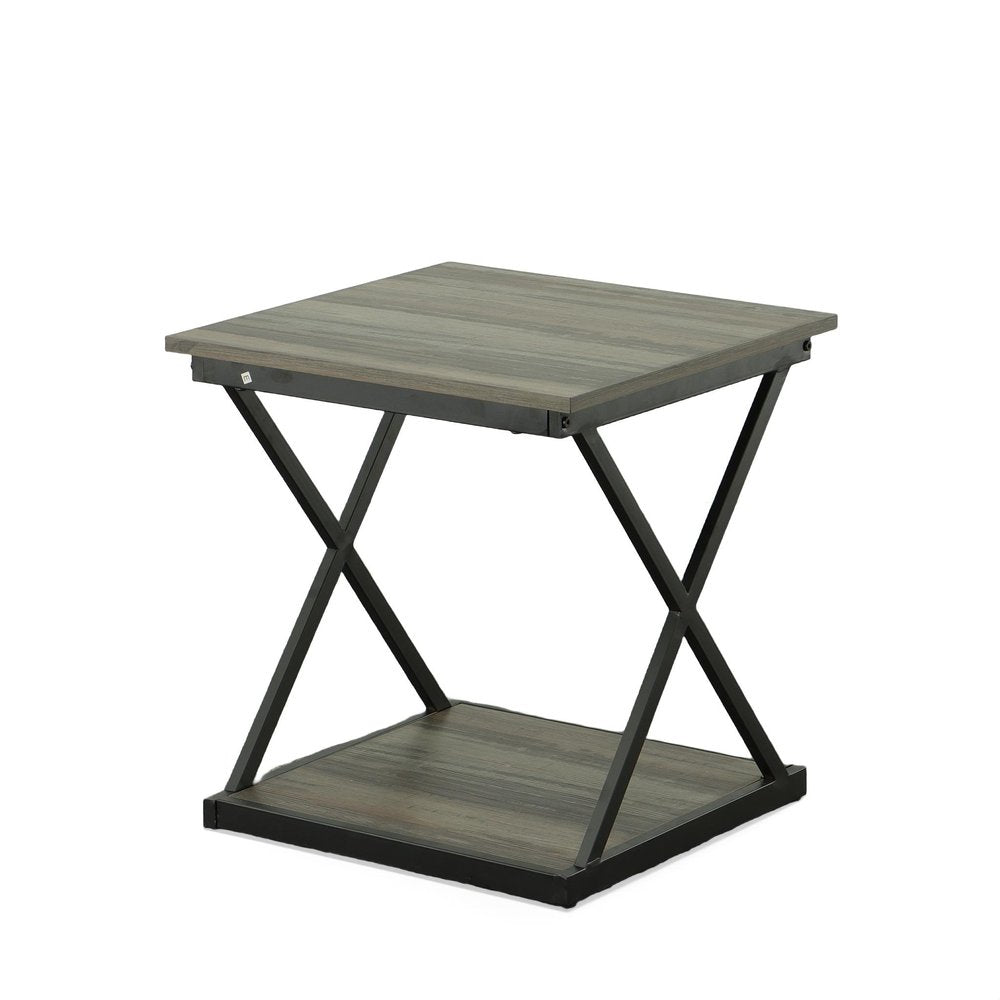 20" Gray and Black Wood and Iron Square Frame End Table With Shelf