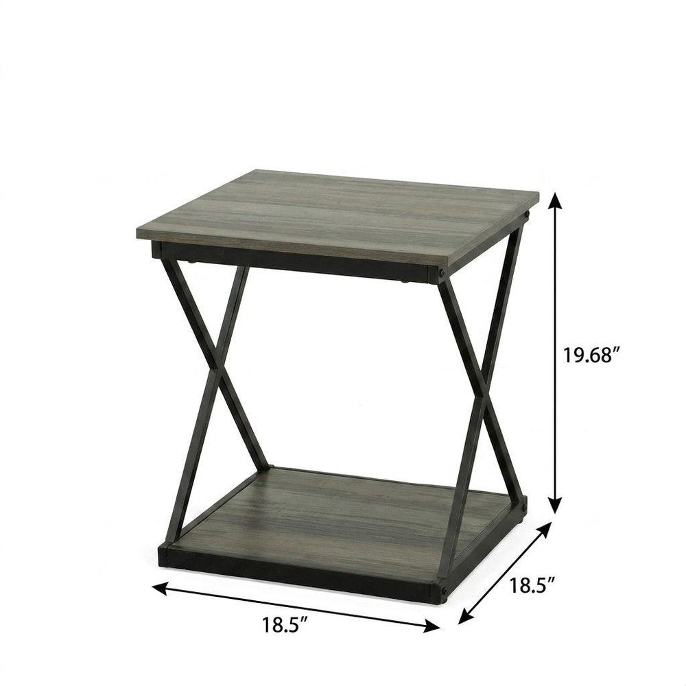 20" Gray and Black Wood and Iron Square Frame End Table With Shelf