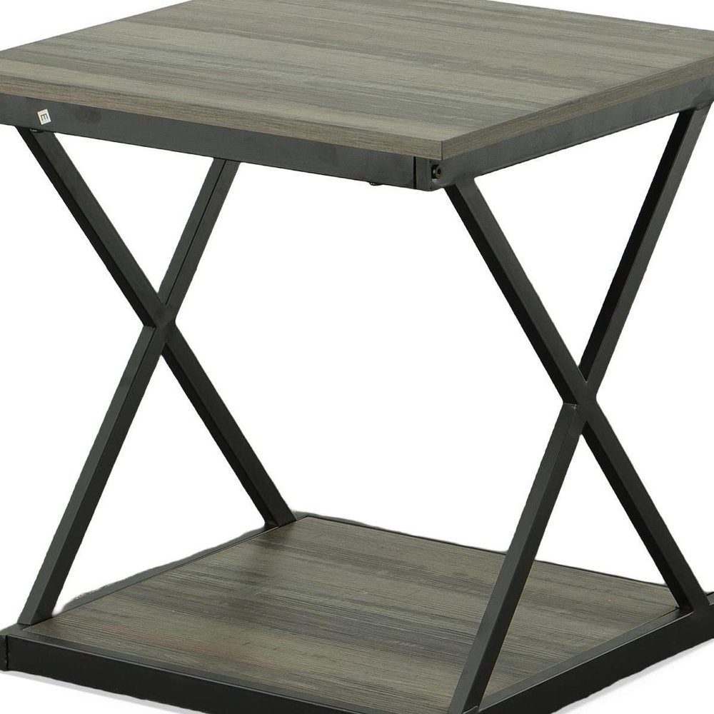 20" Gray and Black Wood and Iron Square Frame End Table With Shelf