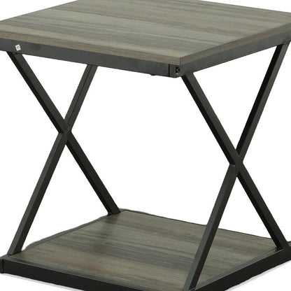 20" Gray and Black Wood and Iron Square Frame End Table With Shelf