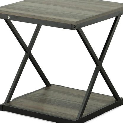 20" Gray and Black Wood and Iron Square Frame End Table With Shelf