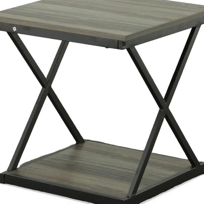 20" Gray and Black Wood and Iron Square Frame End Table With Shelf