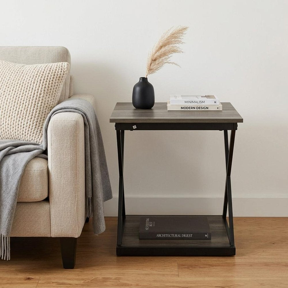 20" Gray and Black Wood and Iron Square Frame End Table With Shelf