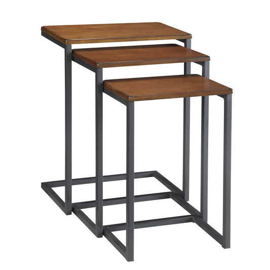 Set of Three Chestnut And Black Distressed Solid Wood And Steel Nested Tables