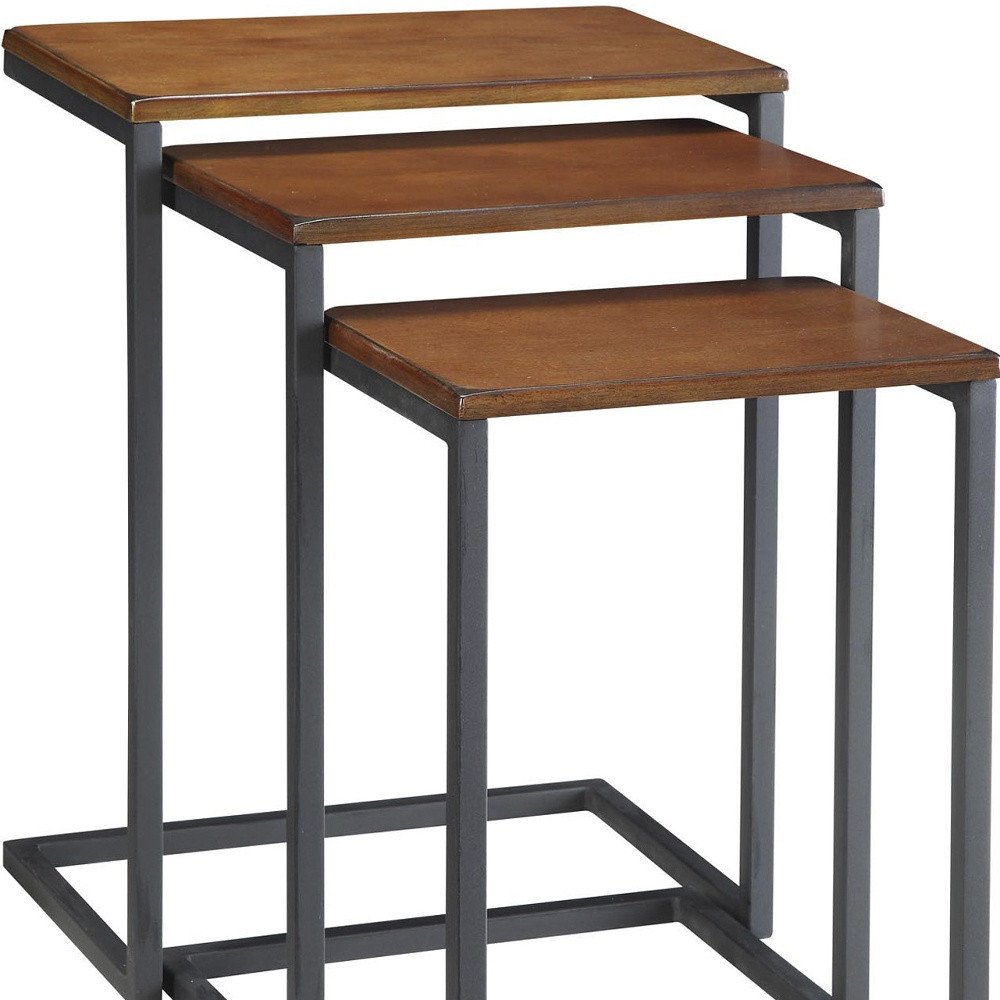 Set of Three Chestnut And Black Distressed Solid Wood And Steel Nested Tables