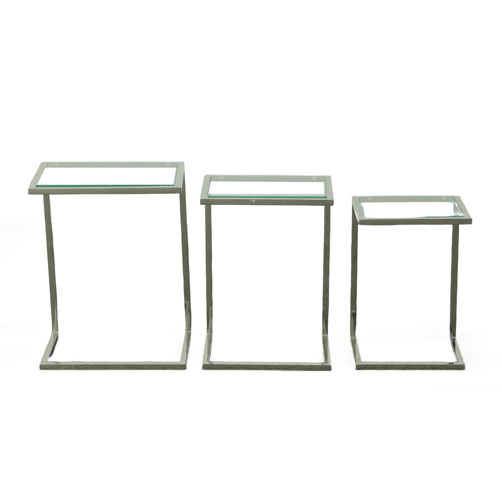 Set of Three Clear And Silver Glass And Steel Nested Tables