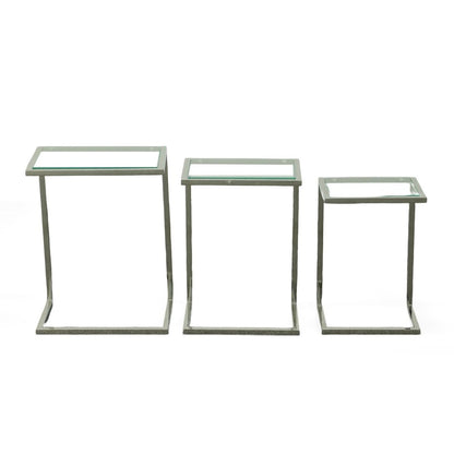 Set of Three Clear And Silver Glass And Steel Nested Tables