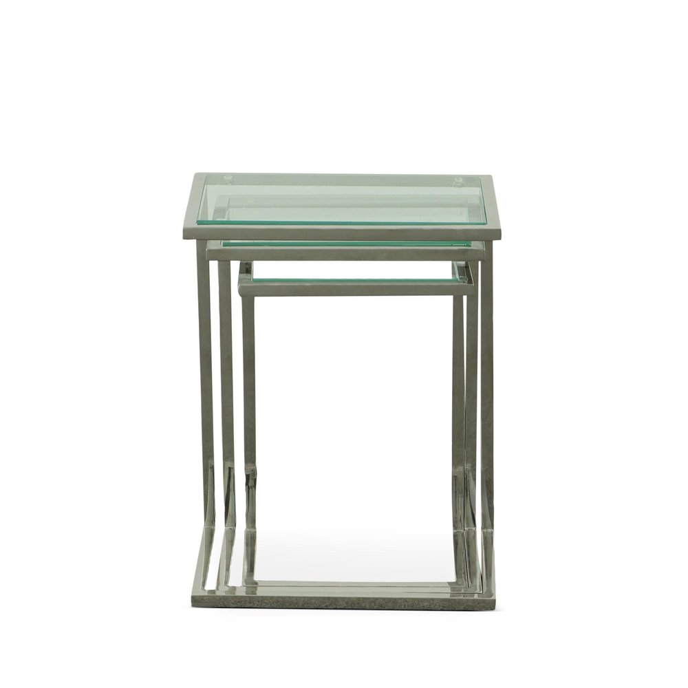 Set of Three Clear And Silver Glass And Steel Nested Tables