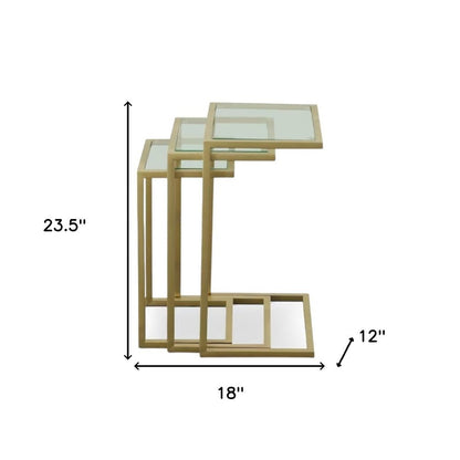 Set of Three Clear And Gold Glass And Steel Nested Tables