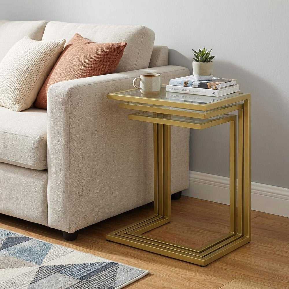 Set of Three Clear And Gold Glass And Steel Nested Tables