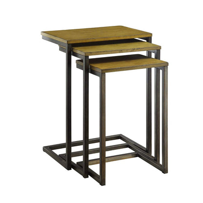 Set of Three Oak And Black Distressed Solid Wood And Steel Nested Tables