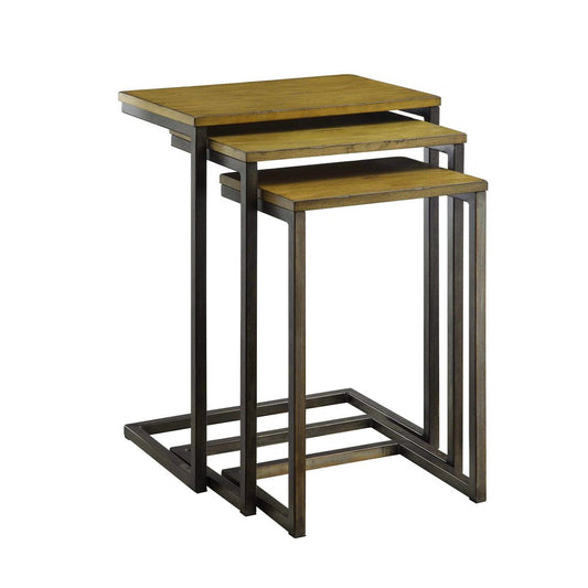 Set of Three Brown and Black Distressed Solid Wood and Steel Frame Nested Tables