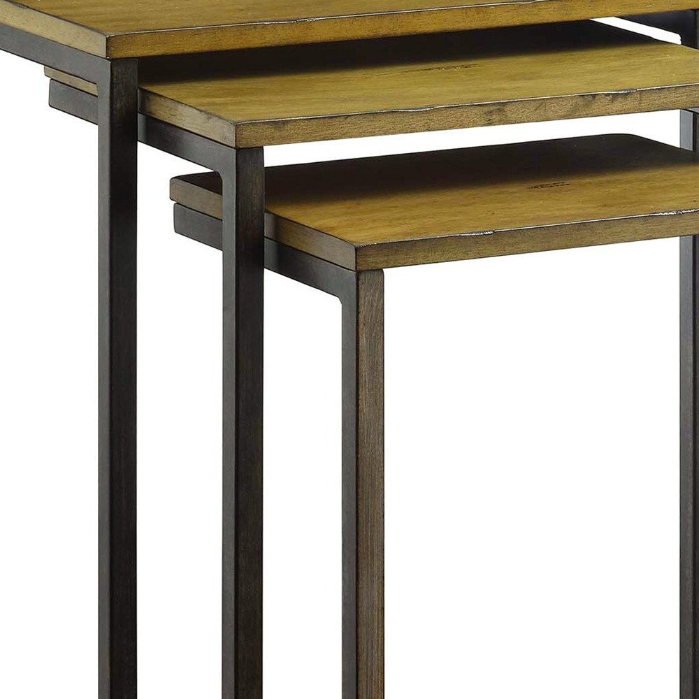 Set of Three Oak And Black Distressed Solid Wood And Steel Nested Tables