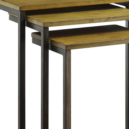 Set of Three Oak And Black Distressed Solid Wood And Steel Nested Tables