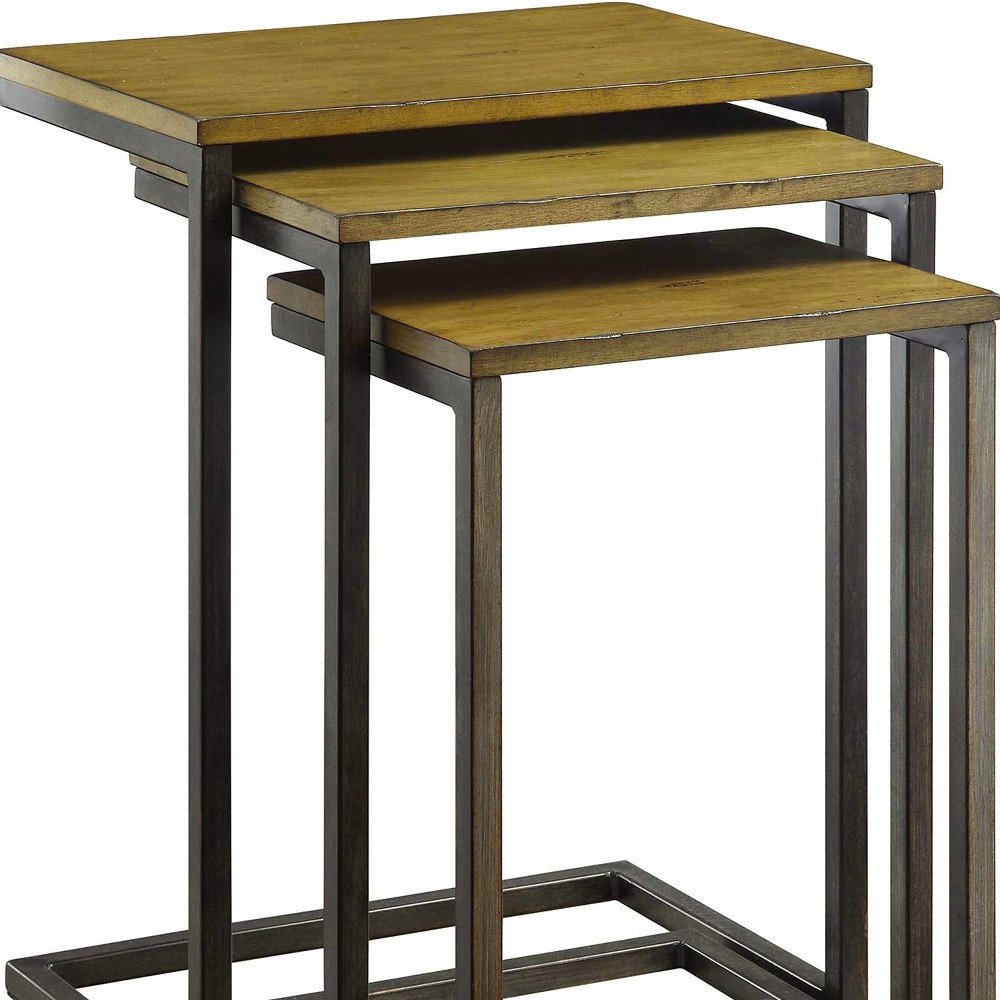 Set of Three Oak And Black Distressed Solid Wood And Steel Nested Tables