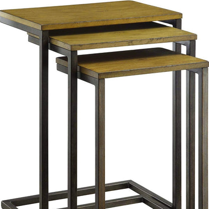 Set of Three Oak And Black Distressed Solid Wood And Steel Nested Tables