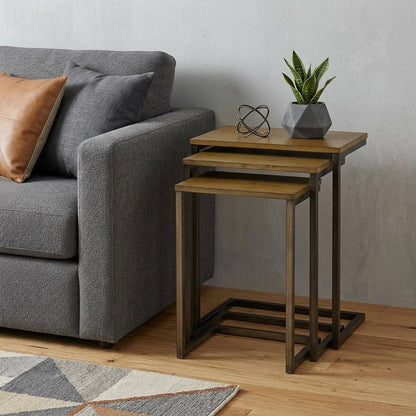 Set of Three Oak And Black Distressed Solid Wood And Steel Nested Tables