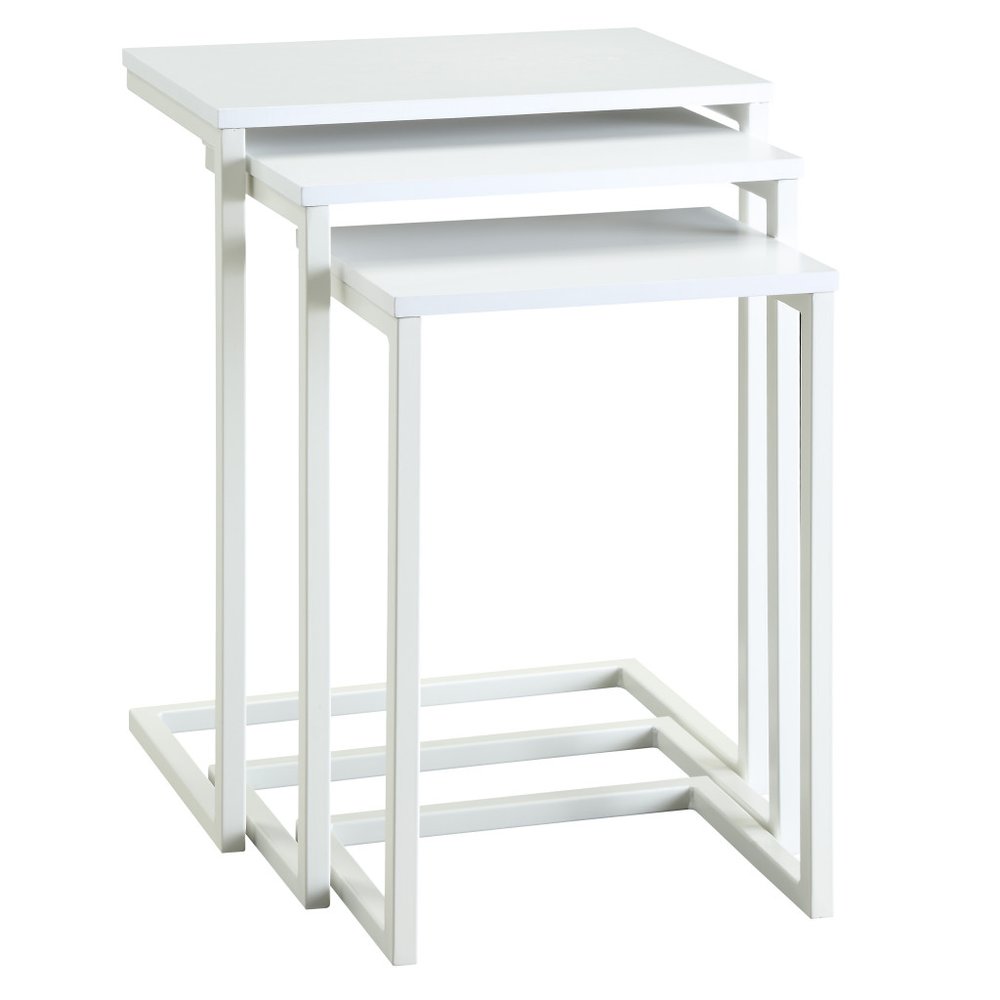 Set of Three White Solid Wood And Steel Nested Tables