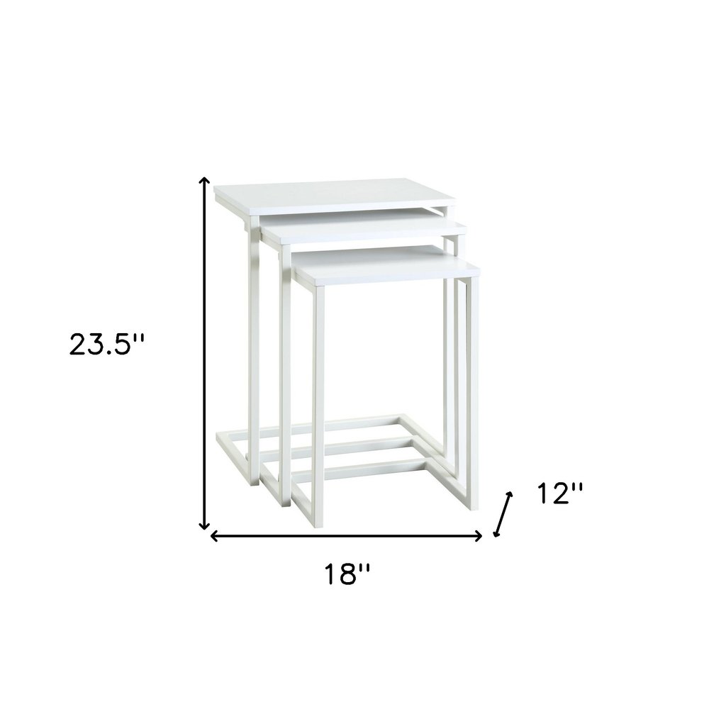 Set of Three White Solid Wood And Steel Nested Tables
