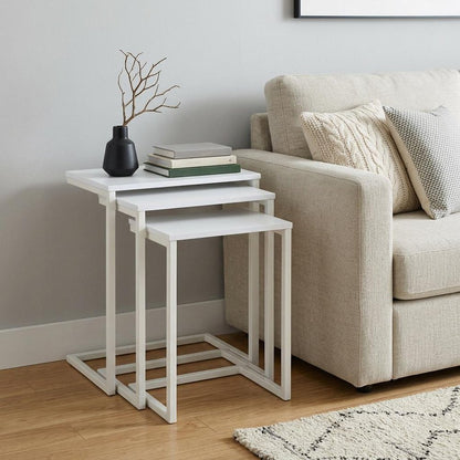 Set of Three White Solid Wood And Steel Nested Tables