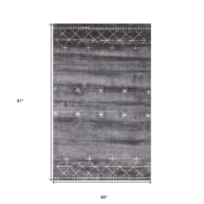 5' X 8' Black Gray and White Abstract Ombre with Stars Hand Loomed Area Rug