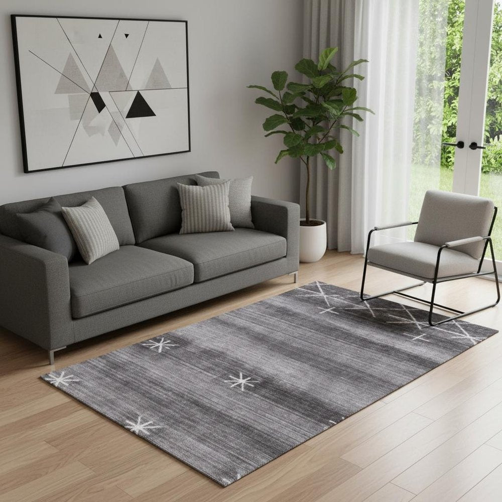 5' X 8' Black Gray and White Abstract Ombre with Stars Hand Loomed Area Rug