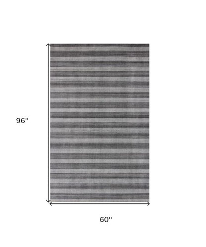 5' X 10' Black And Gray Striped Hand Loomed Area Rug