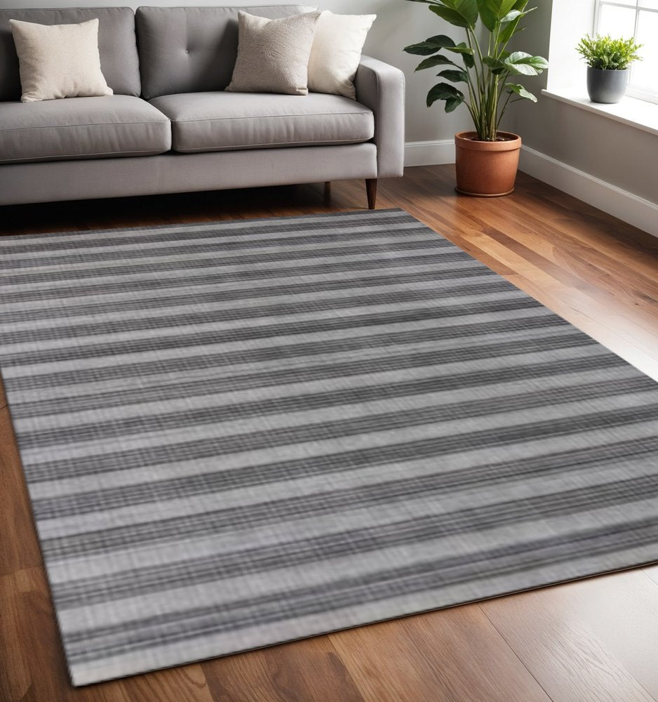 5' X 10' Black And Gray Striped Hand Loomed Area Rug