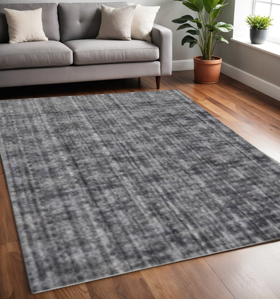 5' X 8' Dark Grey And Silver Plaid Cross Hand Loomed Area Rug