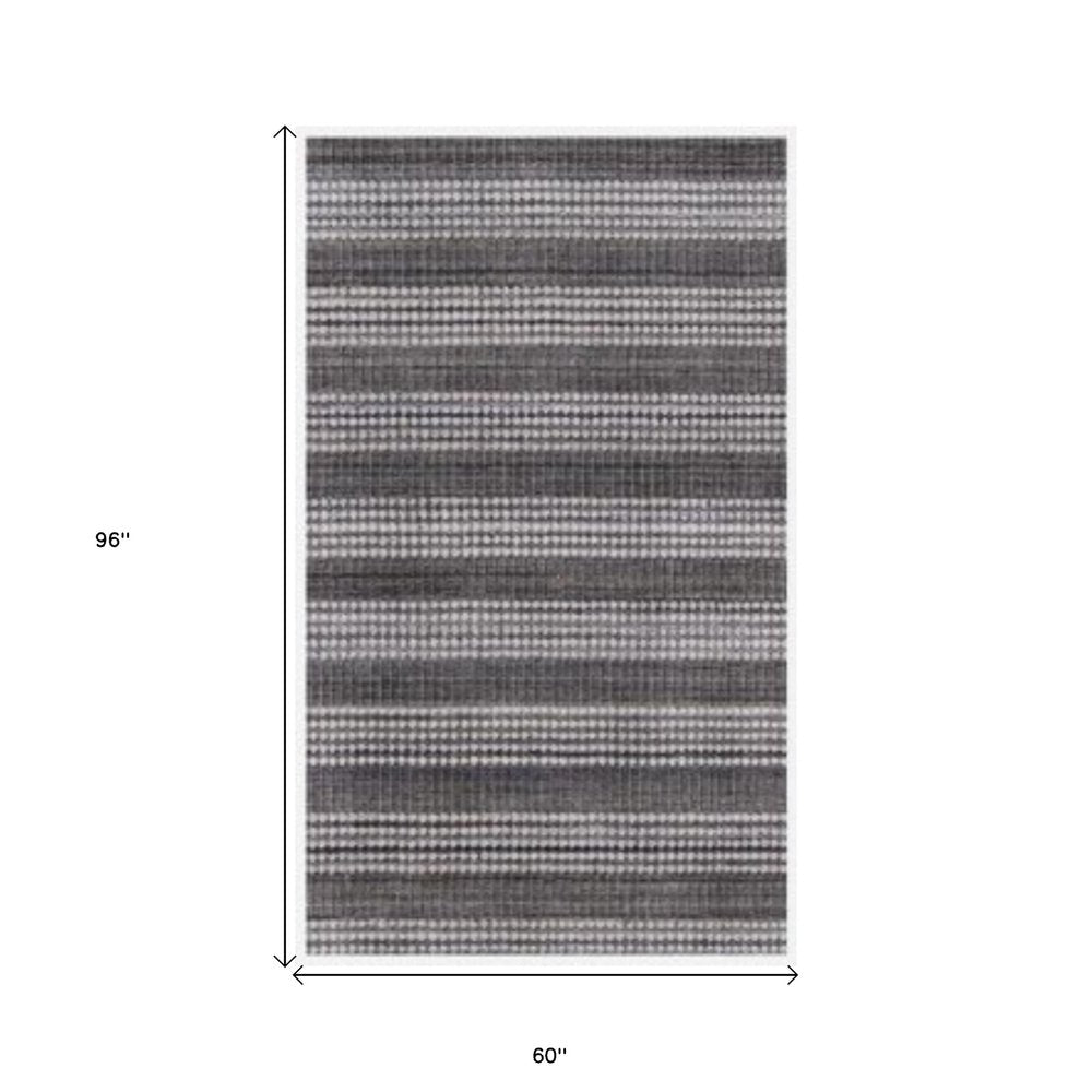 5' X 8' Dark Grey And White Striped Hand Loomed Area Rug