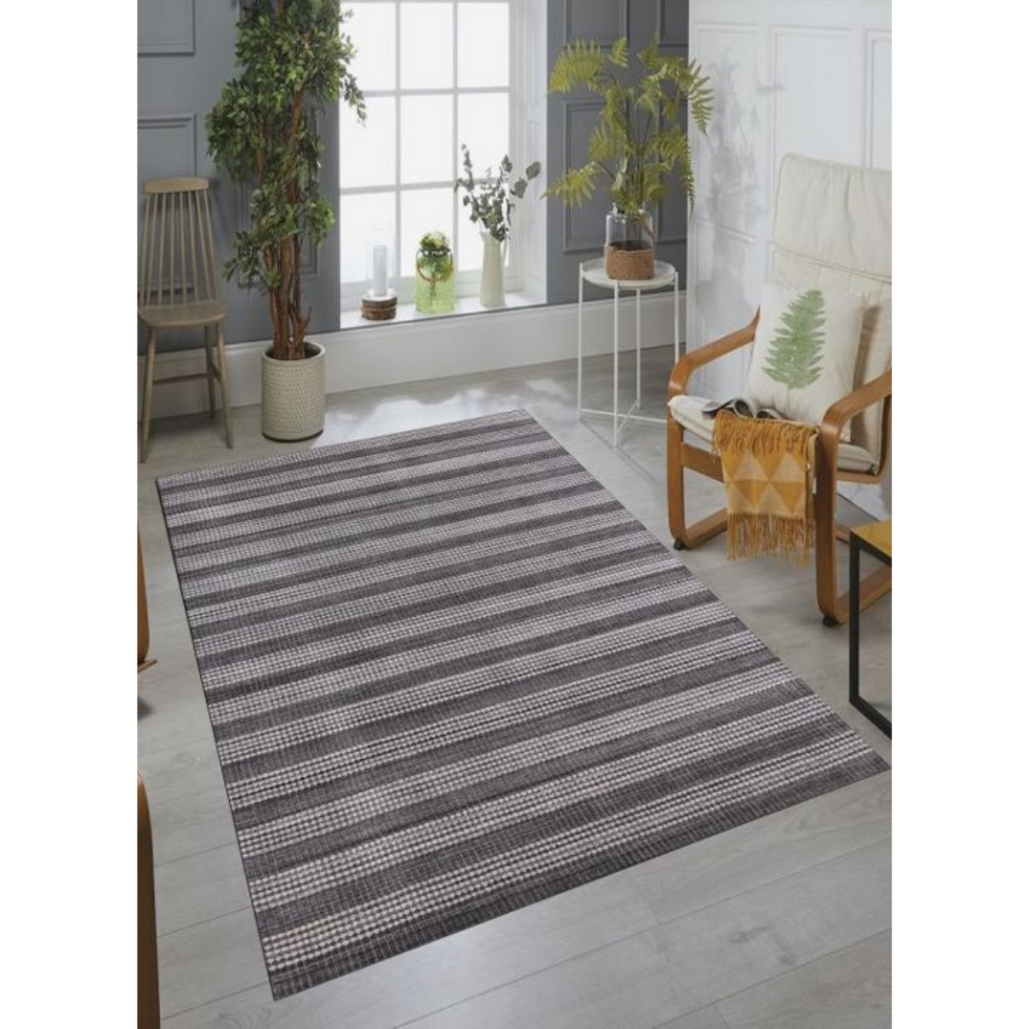 9' X 12' Dark Grey And White Striped Hand Loomed Area Rug