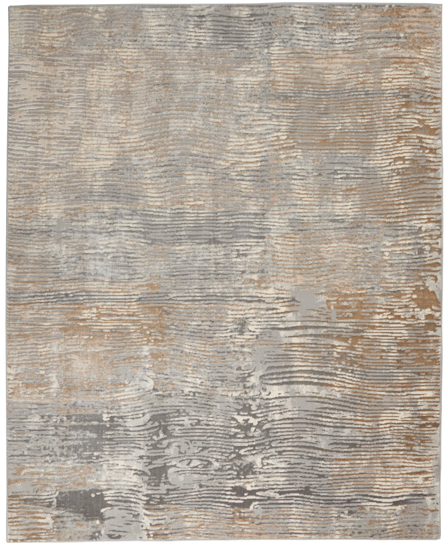 Rectangular abstract area rug in gray, silver, beige & taupe with textured, wavy horizontal pattern.