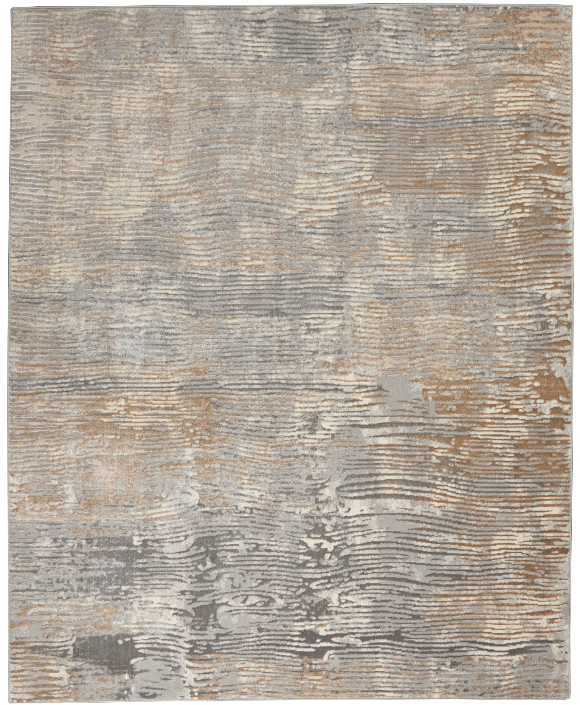 Rectangular abstract area rug in gray, silver, beige & taupe with textured, wavy horizontal pattern.