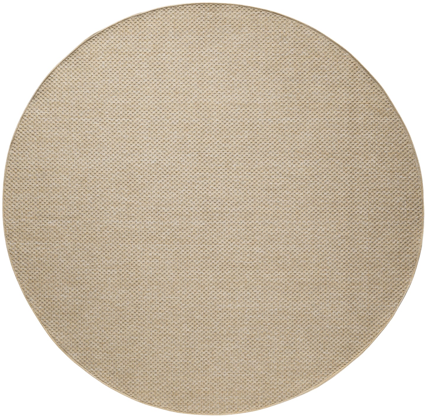 Round natural beige jute rug with tight woven texture, great for living room or entryways.