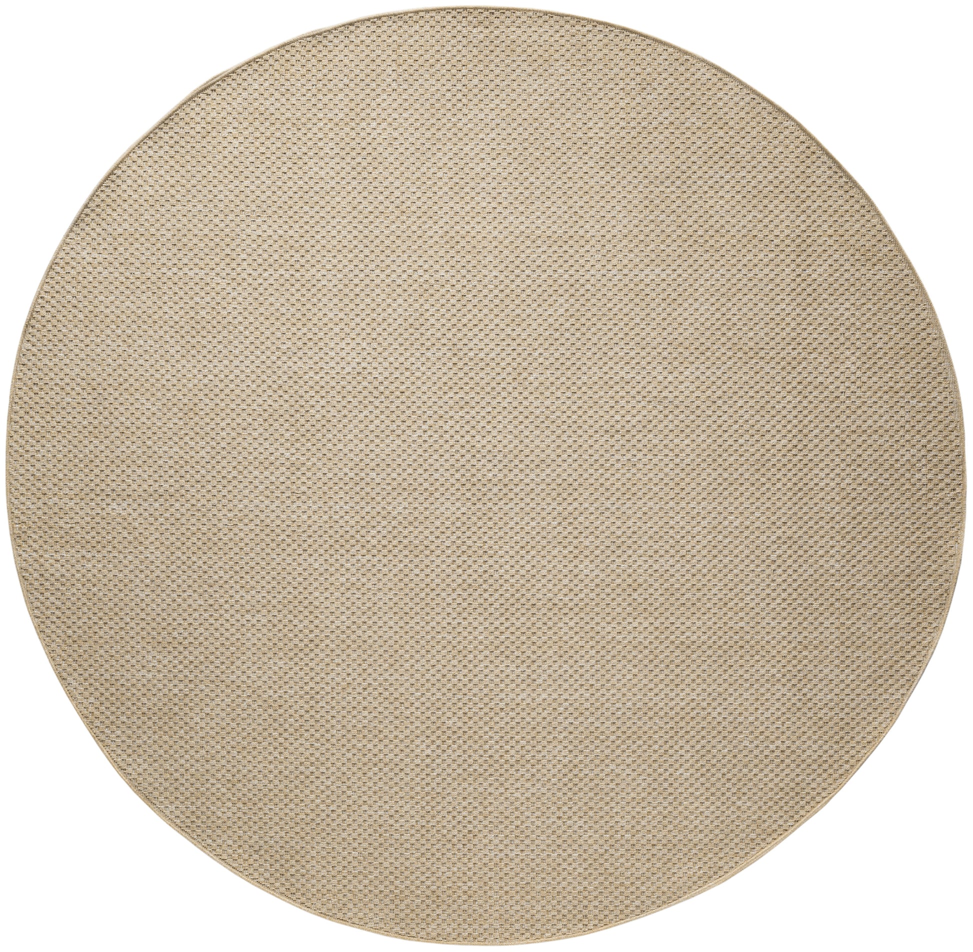 Round natural beige jute rug with tight woven texture, great for living room or entryways.