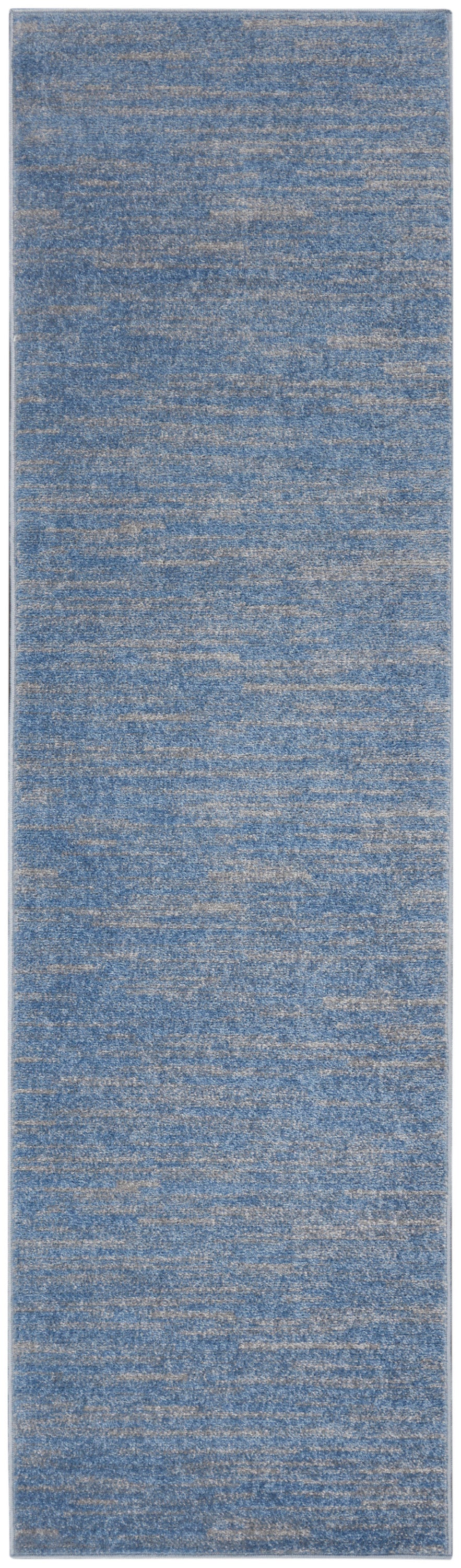 Blue marled outdoor runner rug with beige heathered flecks; flat-weave rectangular.