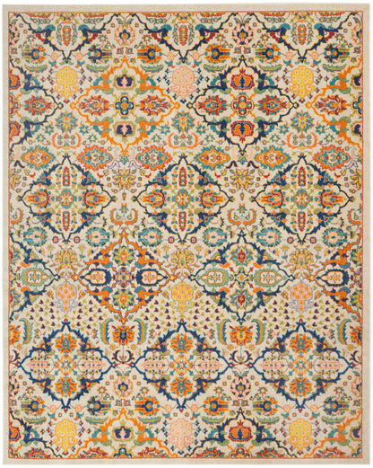 Colorful oriental area rug with intricate floral medallions and lattice motifs in teal, orange, yellow on cream.