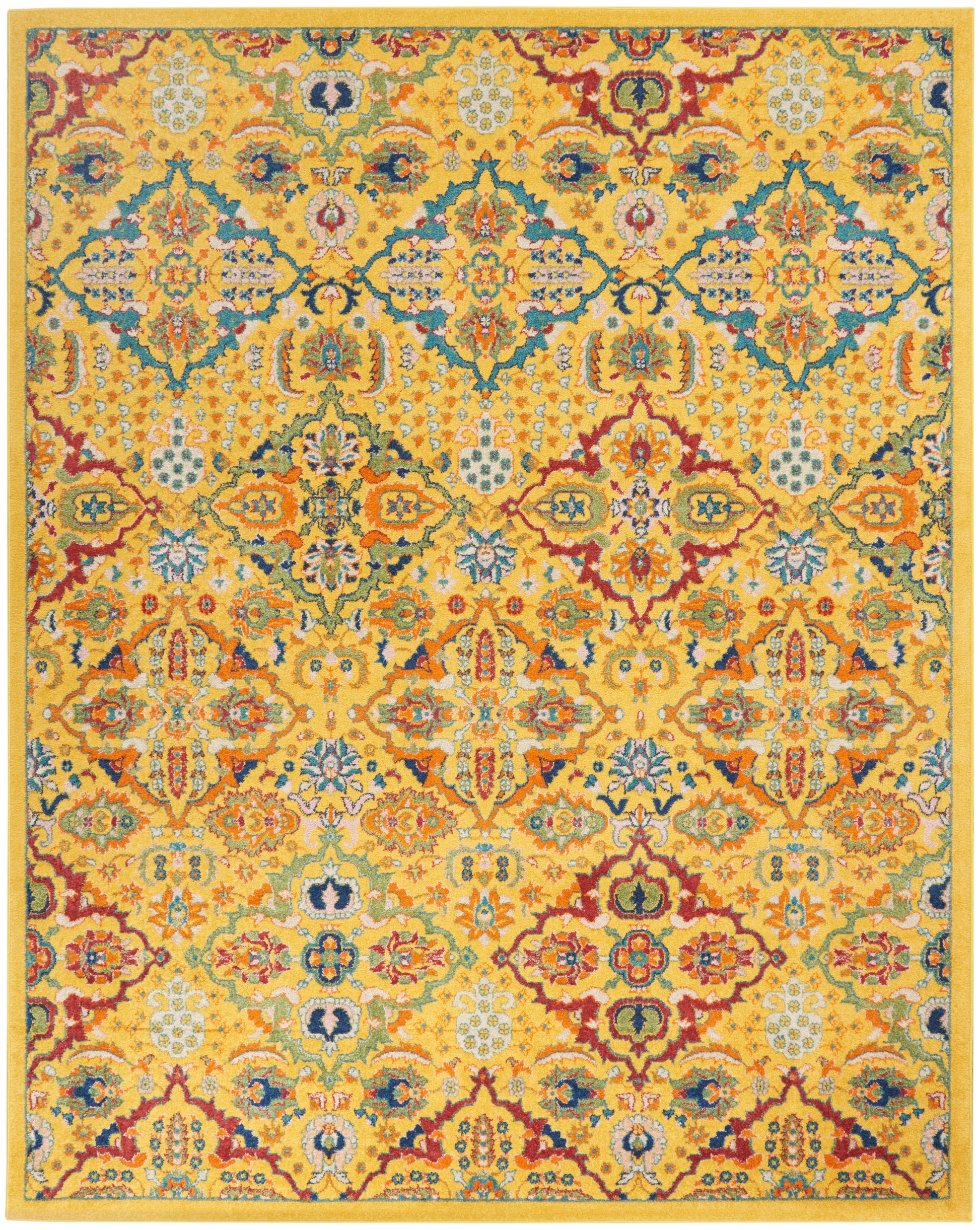 Golden-yellow oriental rug with an intricate multicolor damask floral pattern in blue, red, & green; bordered edges.