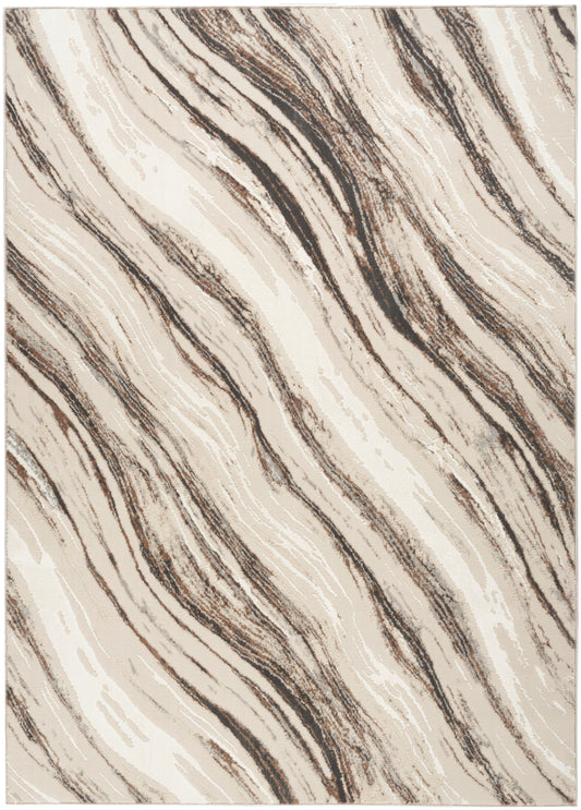 Beige and cream area rug with dark brown wavy stripes, marble-like pattern.