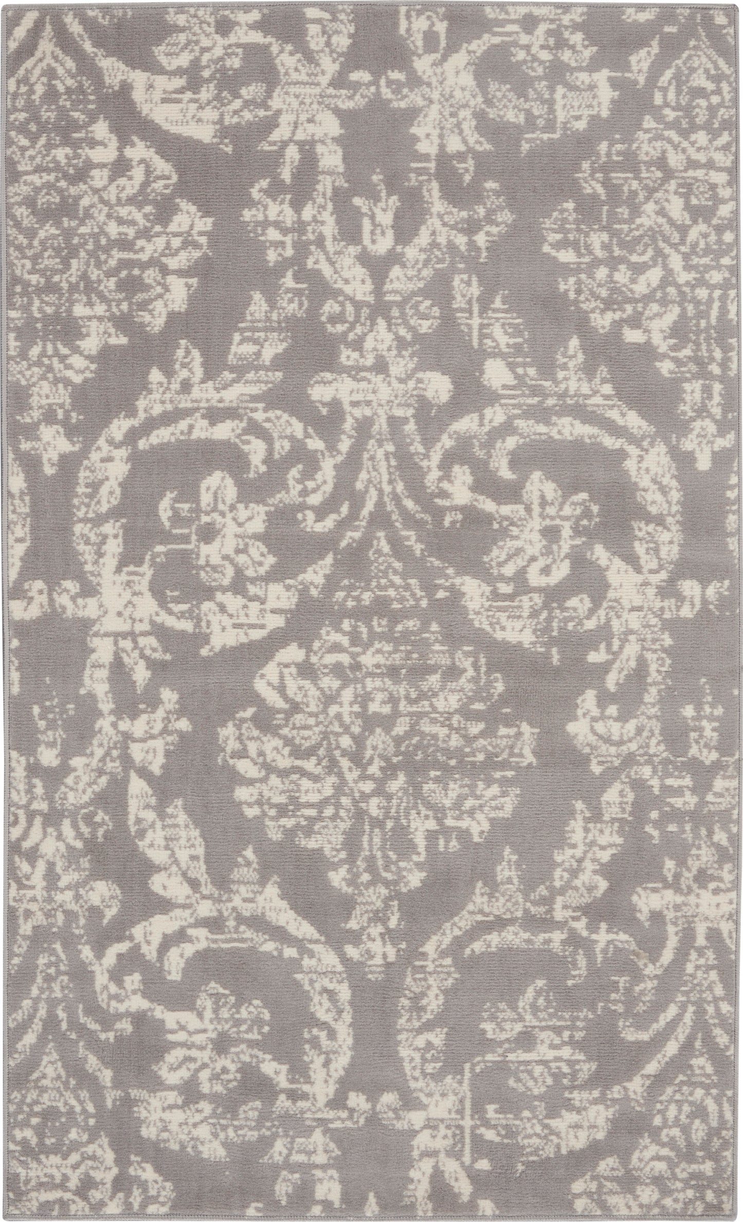 Grey area rug with ivory damask pattern and ornate floral motifs; rectangular, classic-modern style.