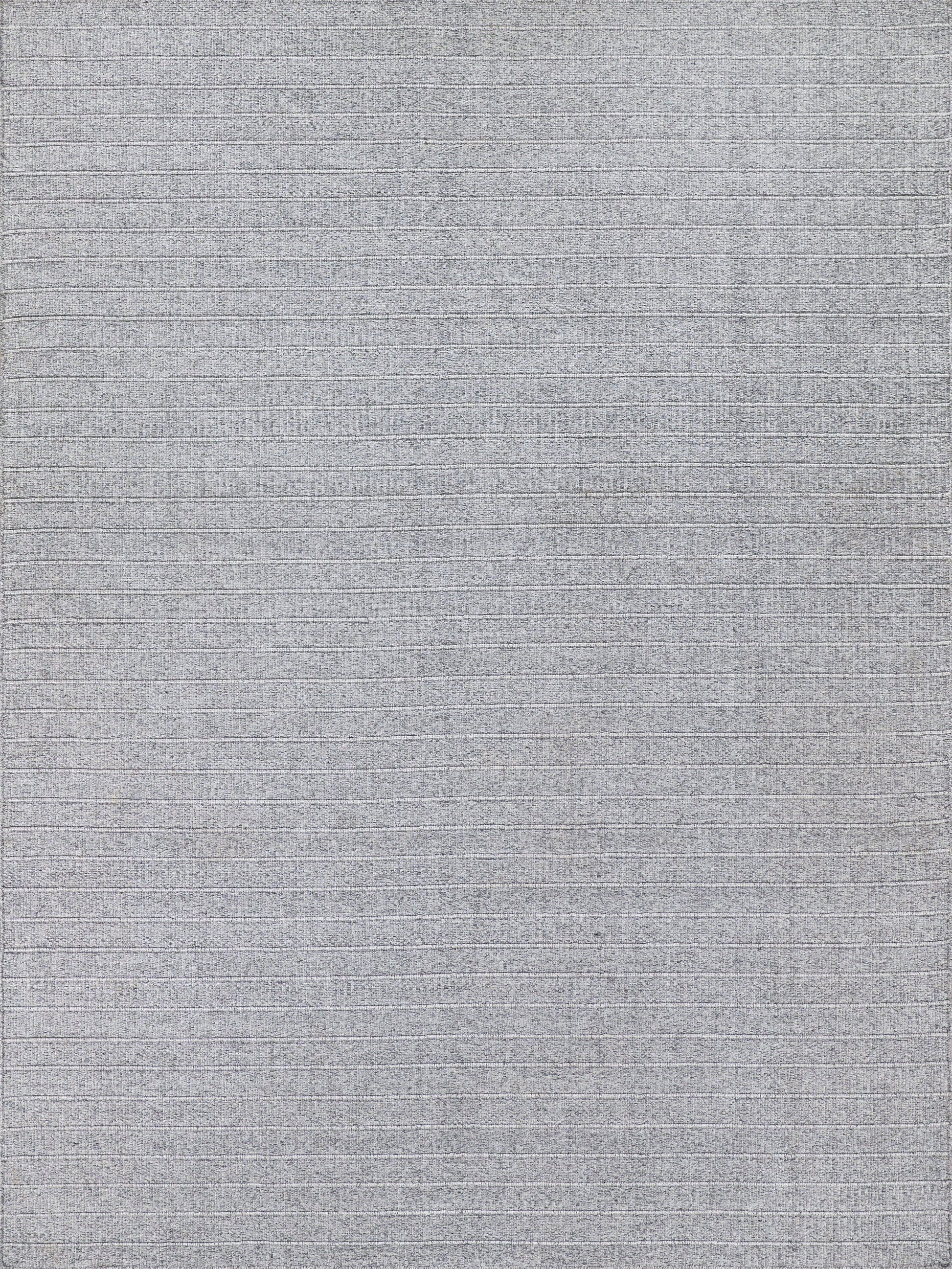 Soft gray textured flat-weave rug with subtle horizontal stripes; indoor/outdoor use, 2' x 3'.