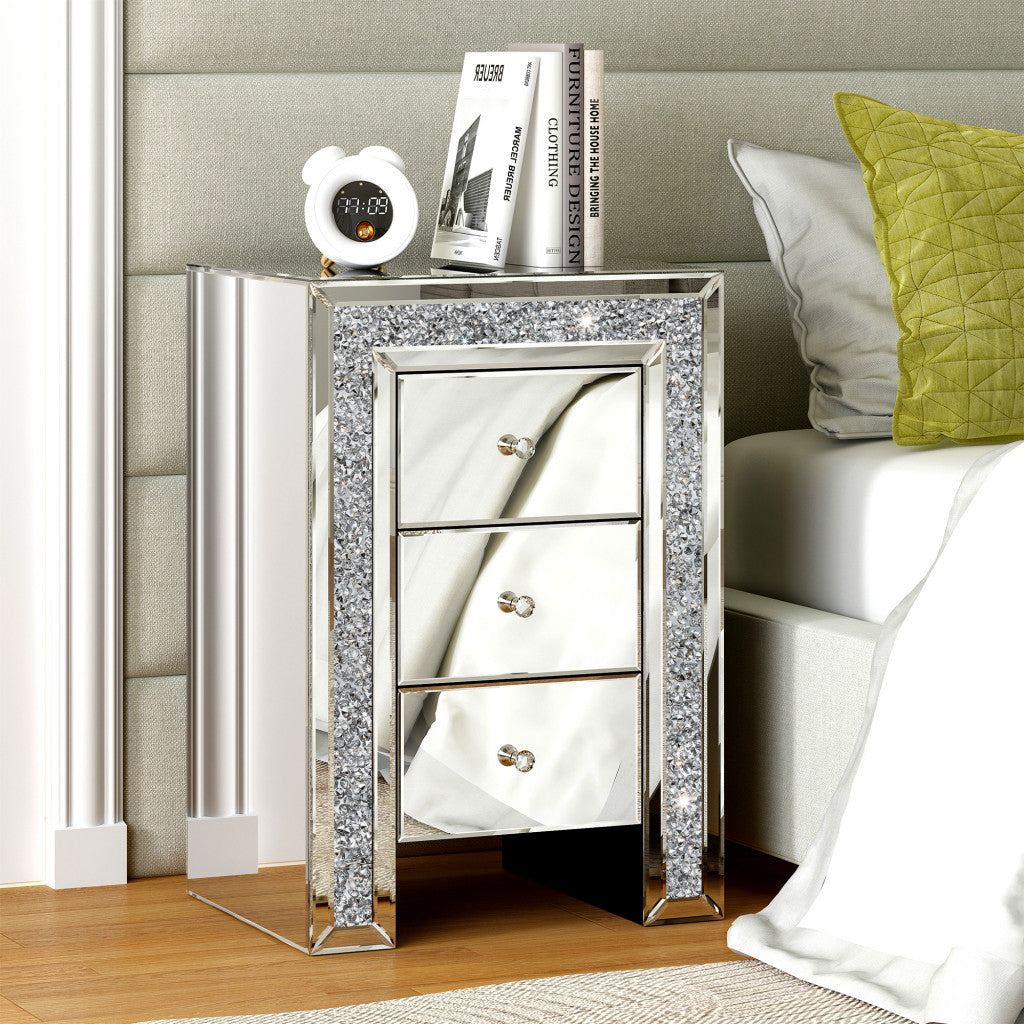 27" Silver Three Drawer Mirrored Nightstand