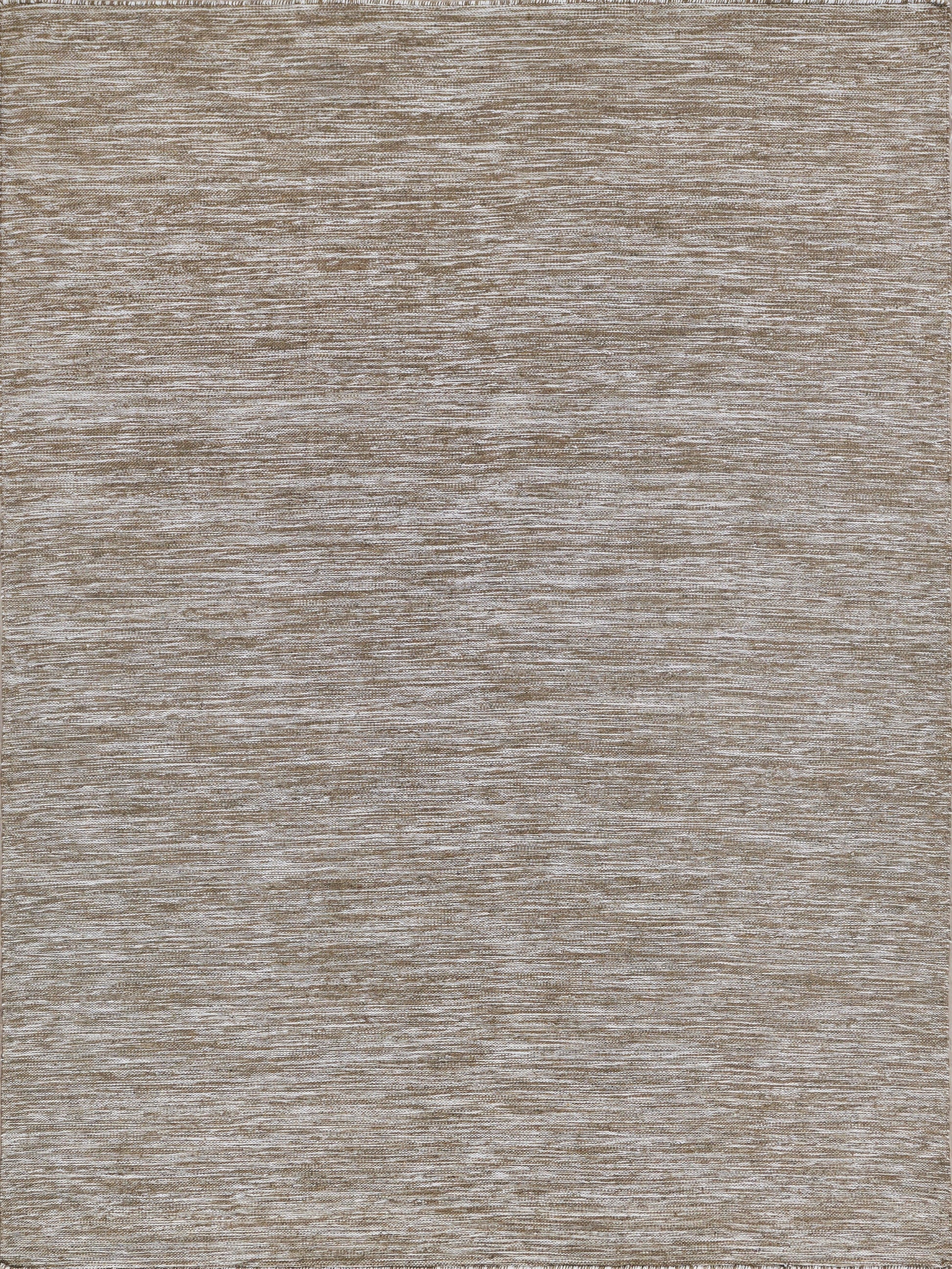 Beige-taupe textured woven rug with a subtle marled pattern; rectangular indoor/outdoor flat-weave rug.