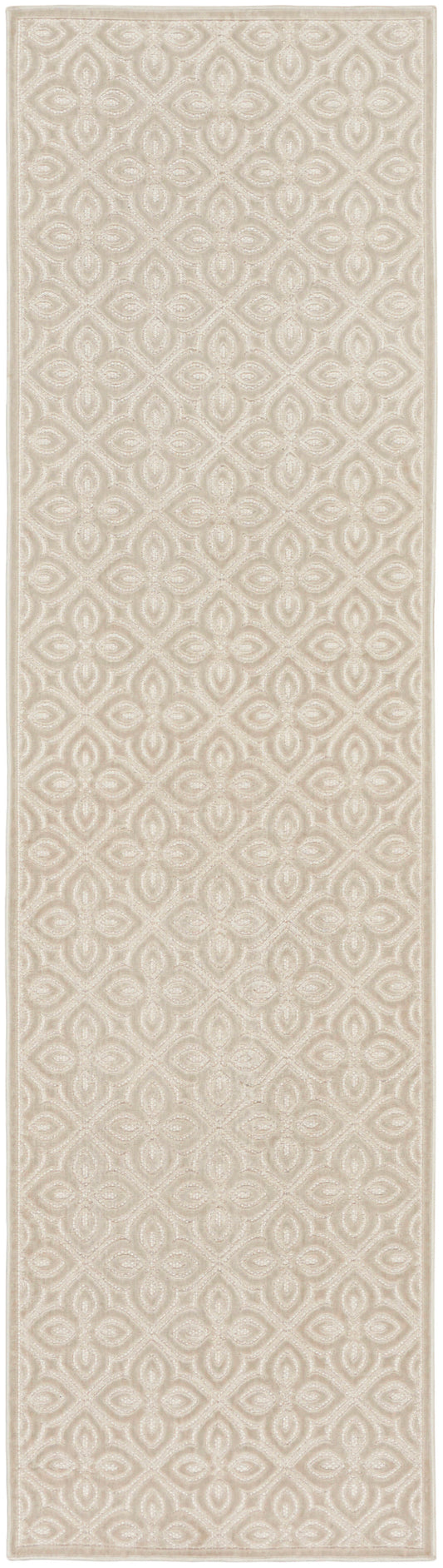 Beige rug runner with ivory interlocking circle/rosette pattern; soft textured look for hallway.